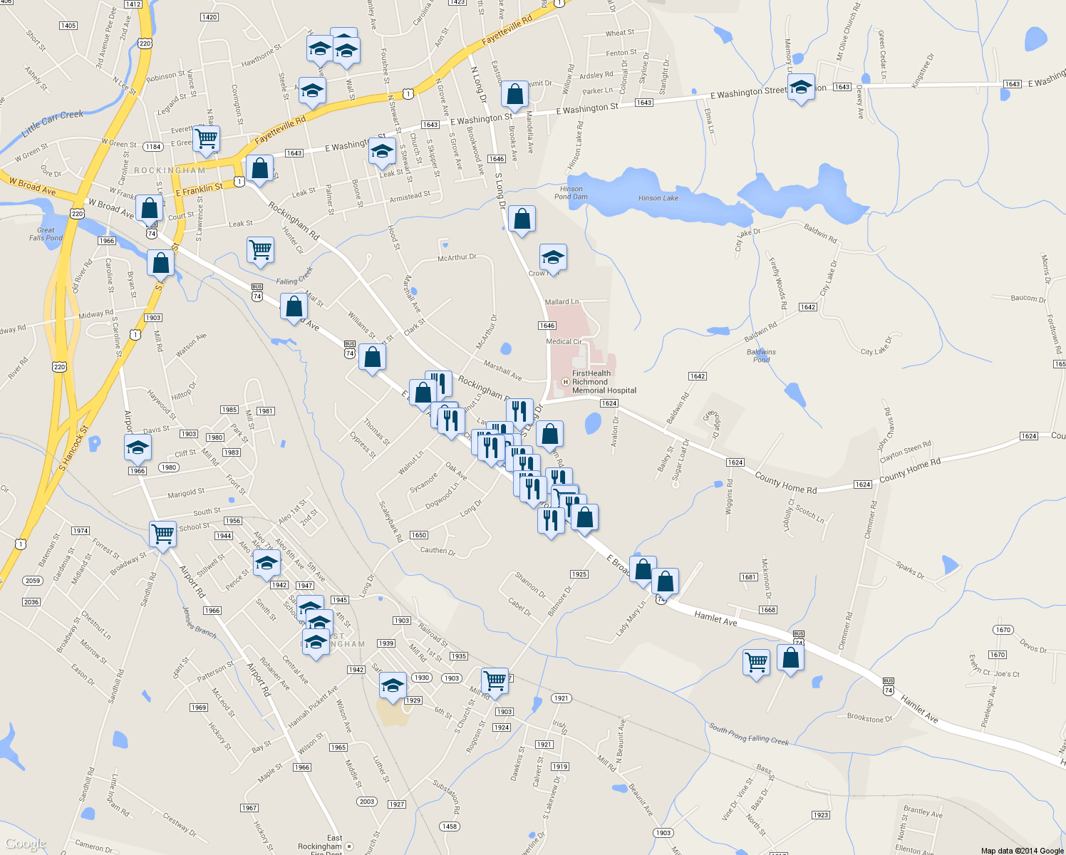 map of restaurants, bars, coffee shops, grocery stores, and more near 1107 South Long Drive in Rockingham