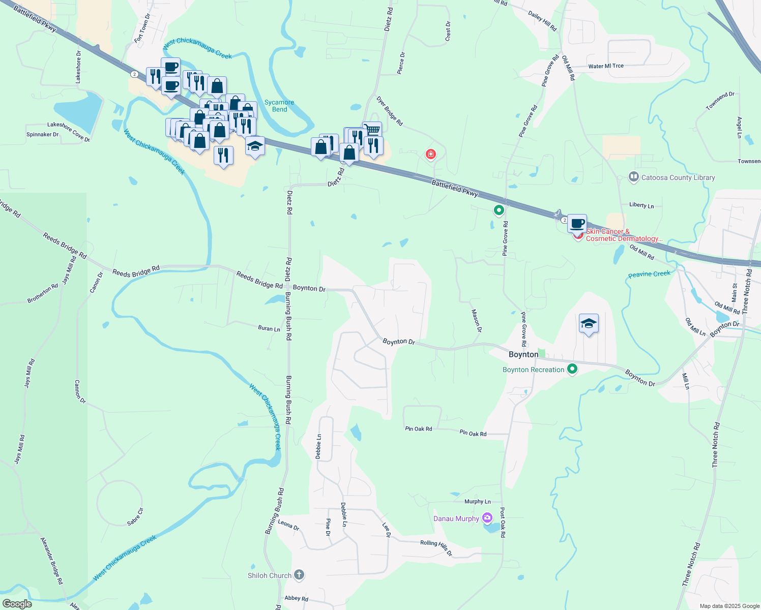 map of restaurants, bars, coffee shops, grocery stores, and more near 178 Pursley Drive in Ringgold