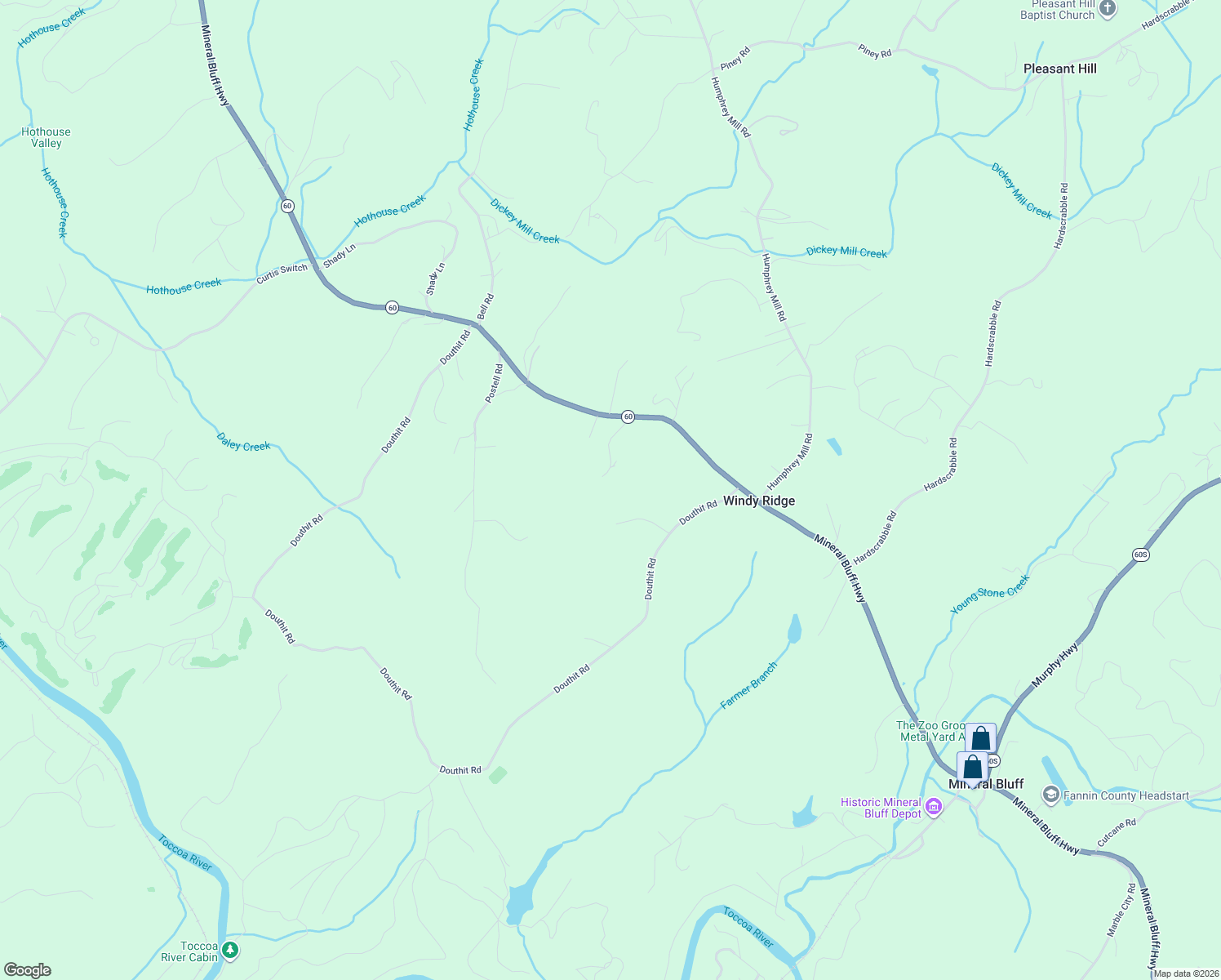 map of restaurants, bars, coffee shops, grocery stores, and more near 182 Simpson Drive in Mineral Bluff