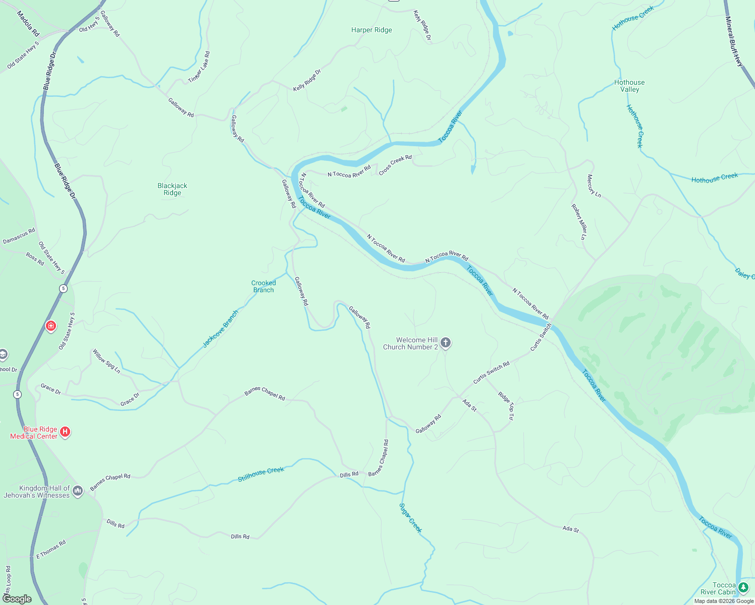 map of restaurants, bars, coffee shops, grocery stores, and more near 2511 Galloway Road in Blue Ridge