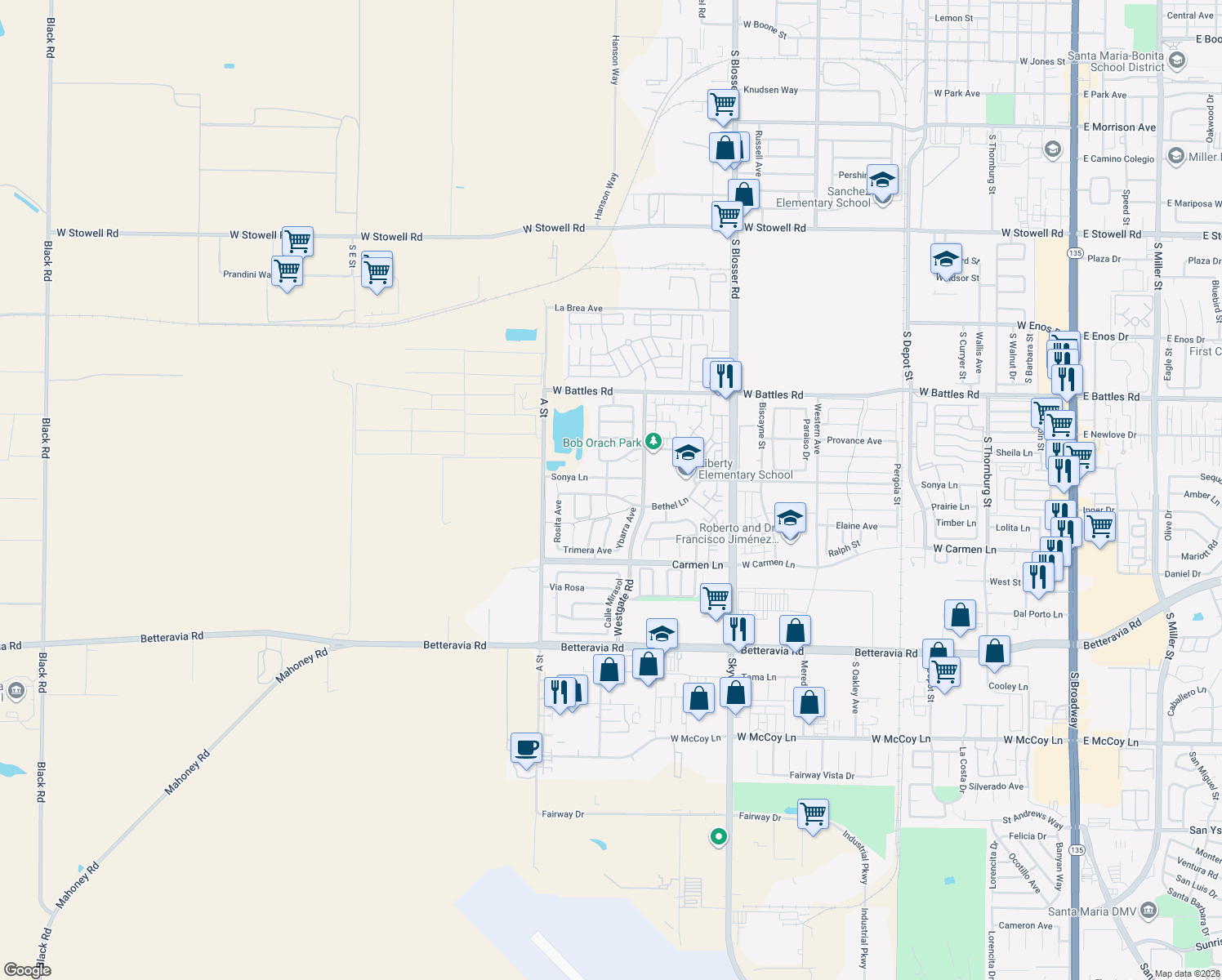 map of restaurants, bars, coffee shops, grocery stores, and more near 1816 Alhambra Avenue in Santa Maria