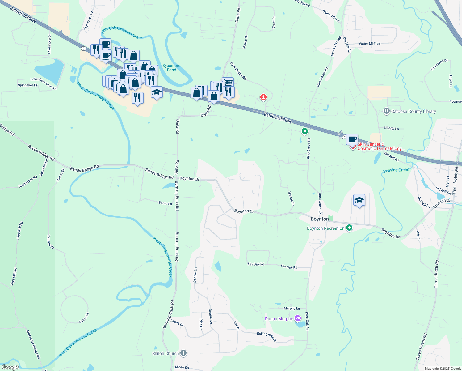 map of restaurants, bars, coffee shops, grocery stores, and more near 178 Pursley Drive in Ringgold