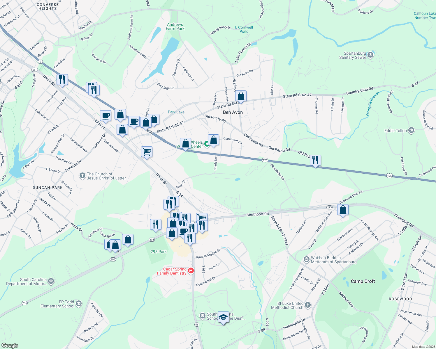 map of restaurants, bars, coffee shops, grocery stores, and more near 4 Lynwood Drive in Spartanburg