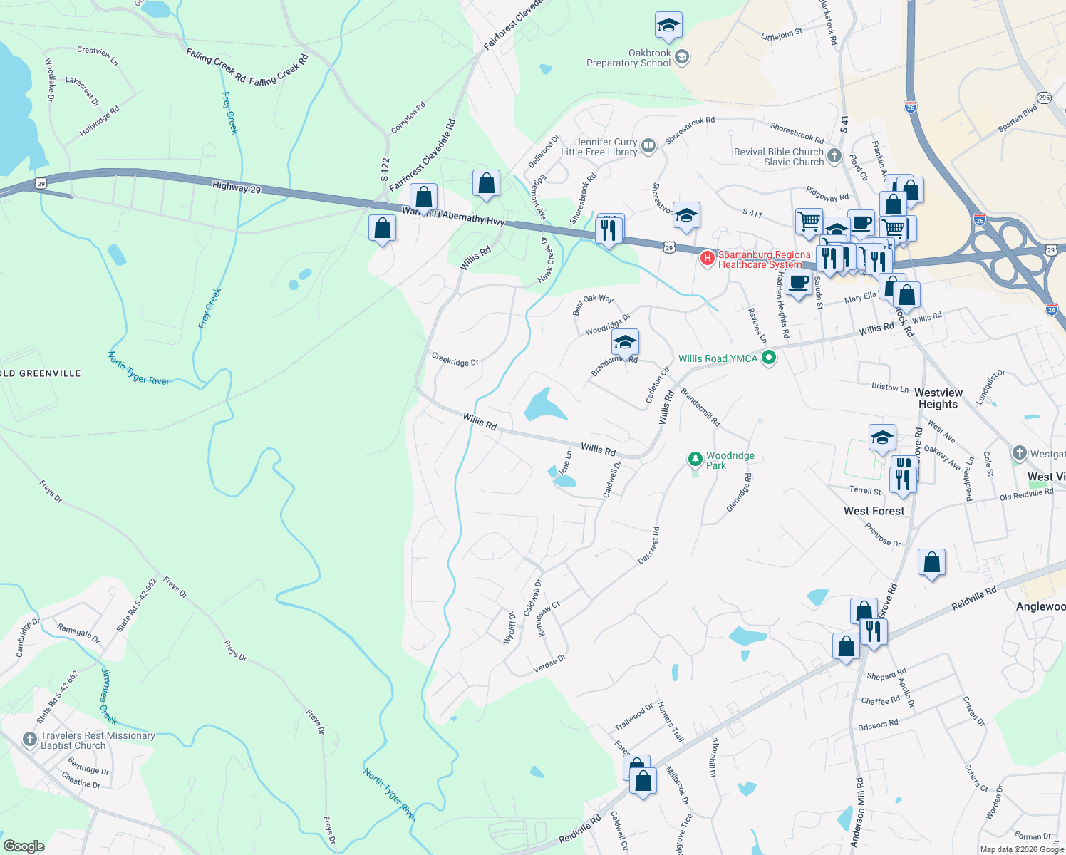 map of restaurants, bars, coffee shops, grocery stores, and more near 742 Willis Rd in Spartanburg