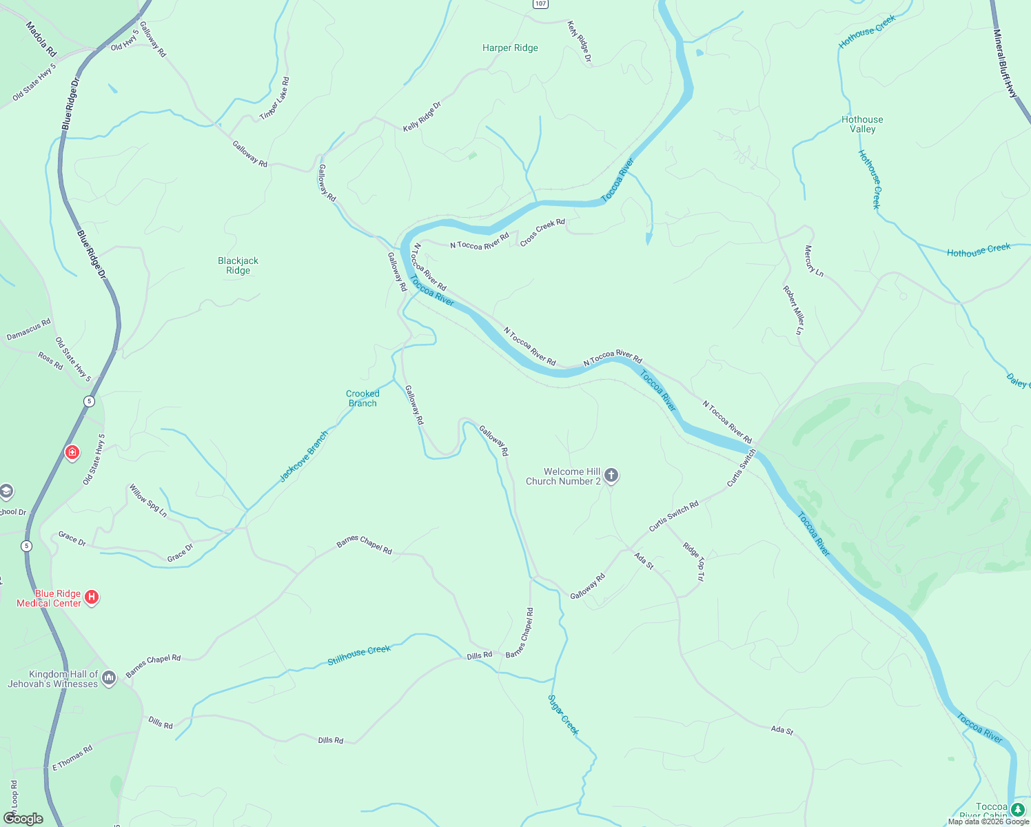 map of restaurants, bars, coffee shops, grocery stores, and more near 2511 Galloway Road in Blue Ridge