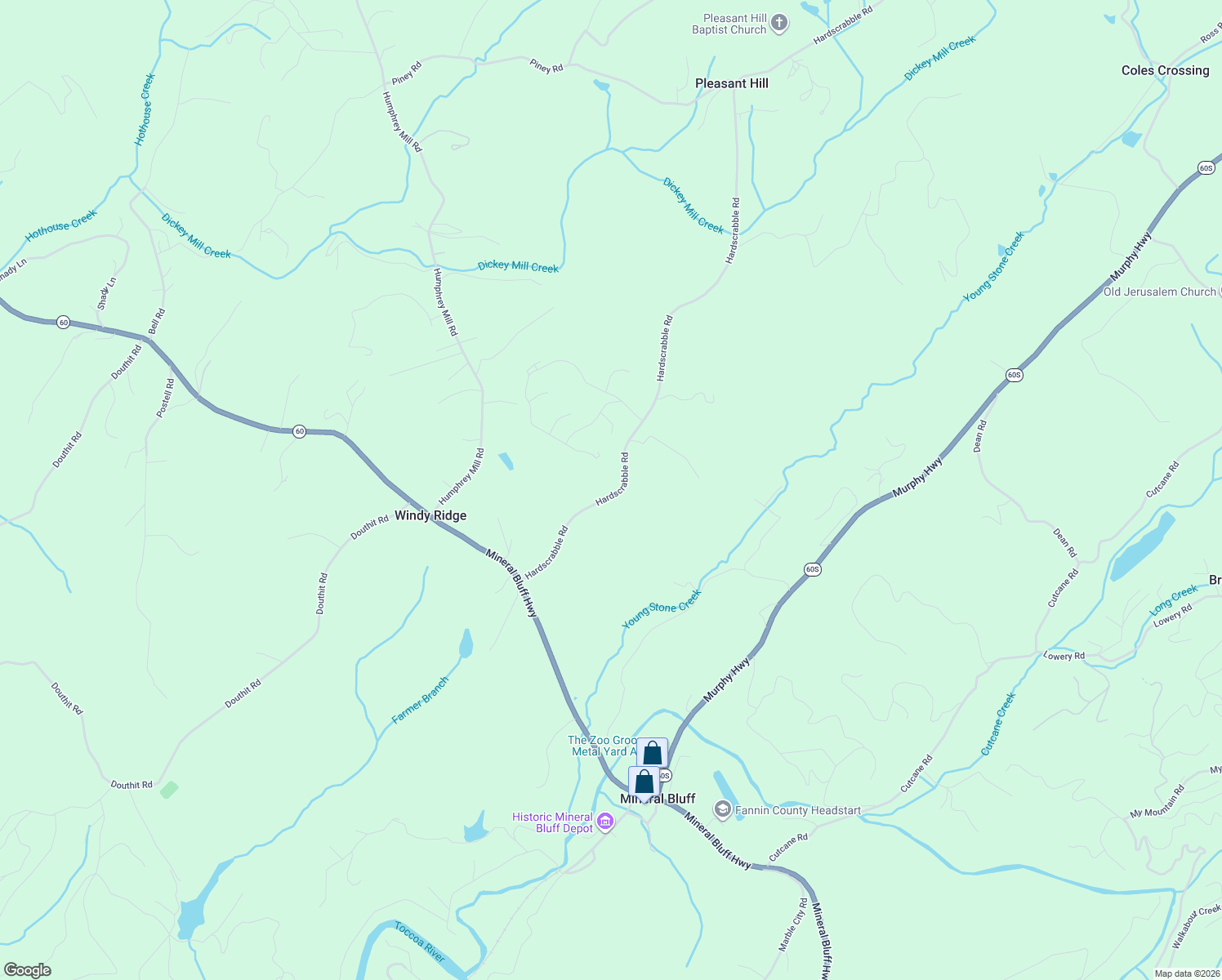 map of restaurants, bars, coffee shops, grocery stores, and more near 397 Hardscrabble Road in Mineral Bluff