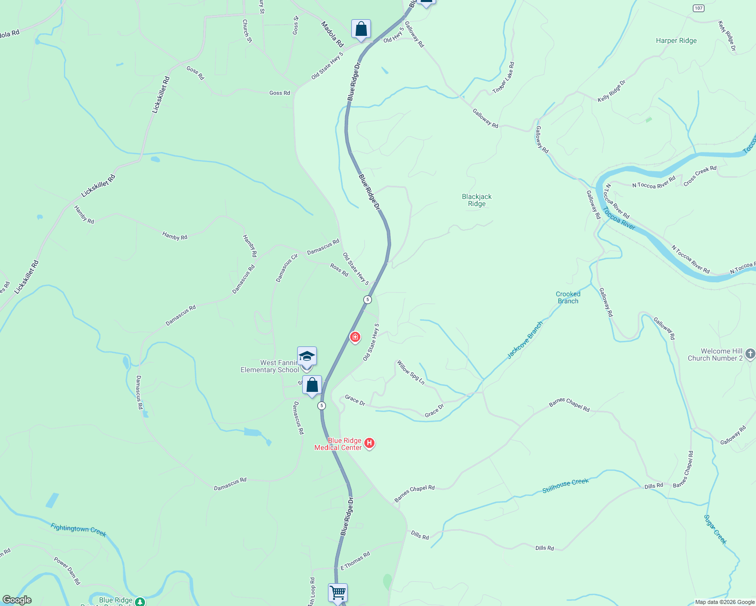 map of restaurants, bars, coffee shops, grocery stores, and more near 64 Kell Lane in Blue Ridge