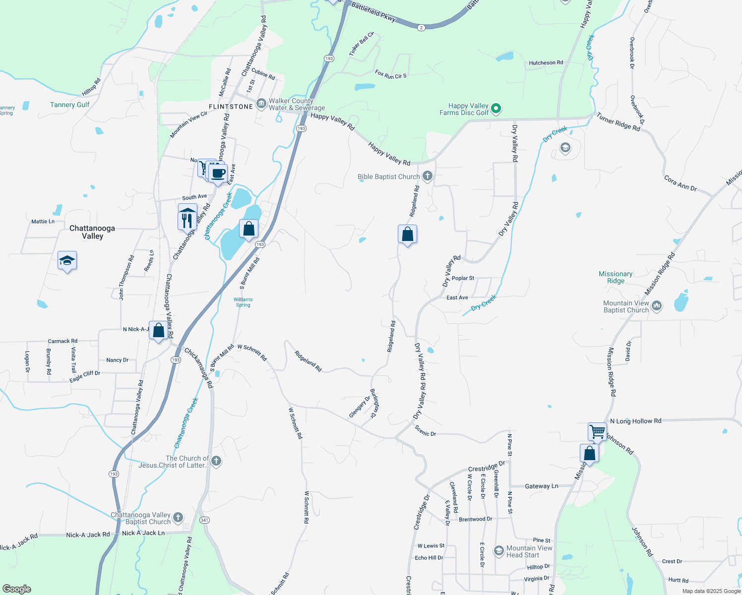 map of restaurants, bars, coffee shops, grocery stores, and more near 57 Ashley Lauren Lane in Rossville