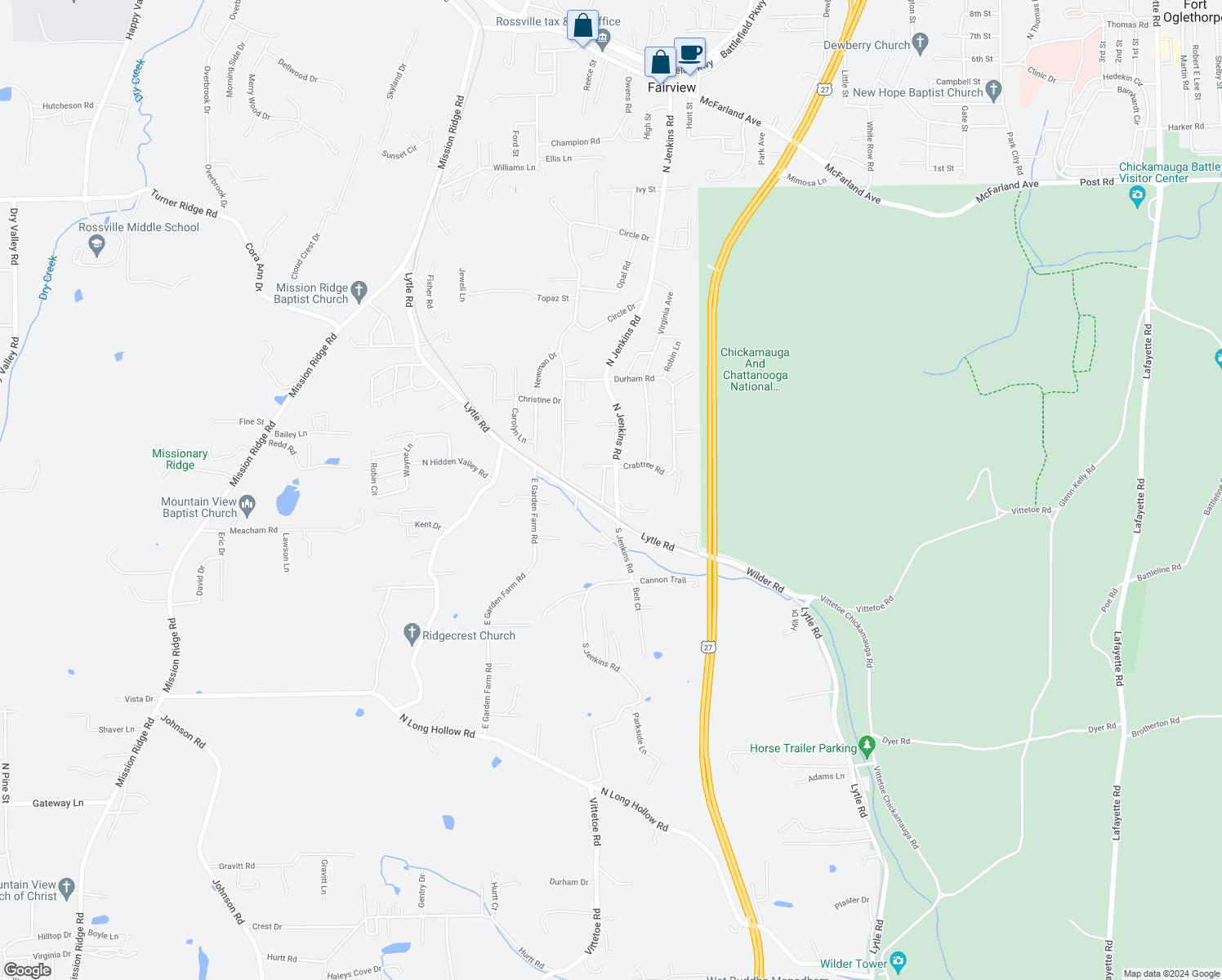 map of restaurants, bars, coffee shops, grocery stores, and more near 429 North Jenkins Road in Rossville