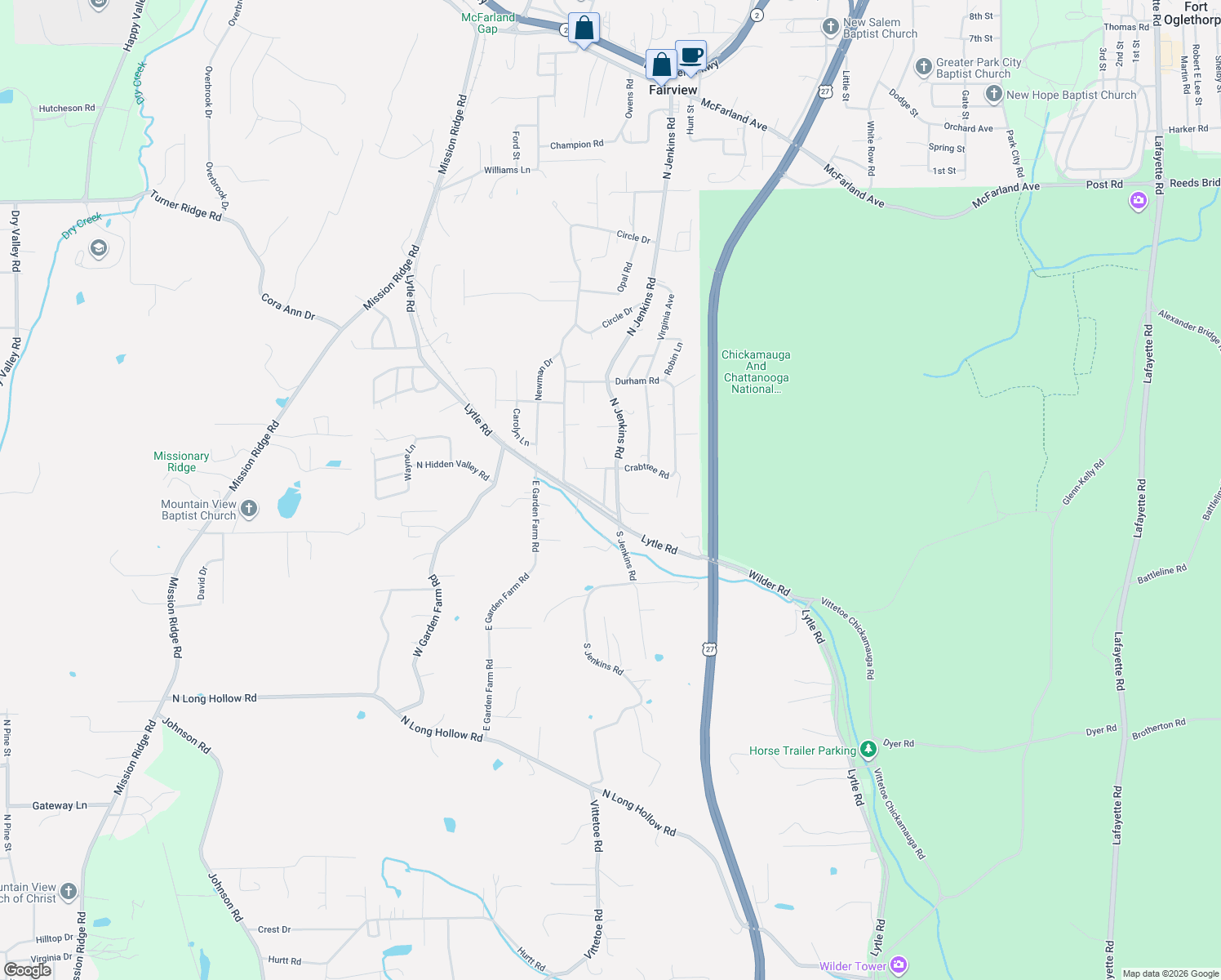 map of restaurants, bars, coffee shops, grocery stores, and more near 432 North Jenkins Road in Rossville
