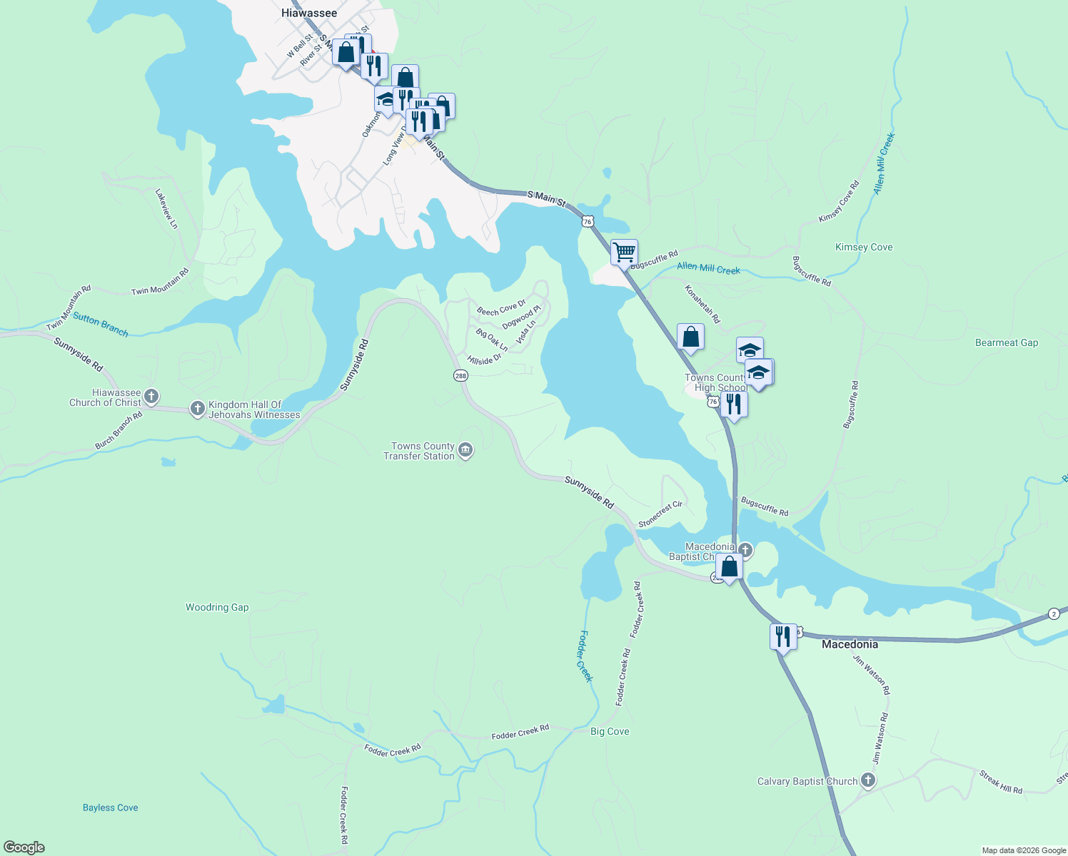 map of restaurants, bars, coffee shops, grocery stores, and more near 1352 Sunnyside Road in Hiawassee
