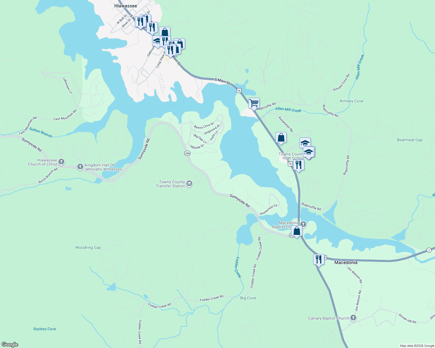 map of restaurants, bars, coffee shops, grocery stores, and more near 1352 Sunnyside Road in Hiawassee