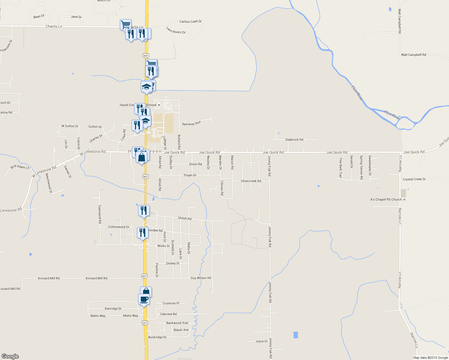map of restaurants, bars, coffee shops, grocery stores, and more near 105 Tillman Rd in Hazel Green