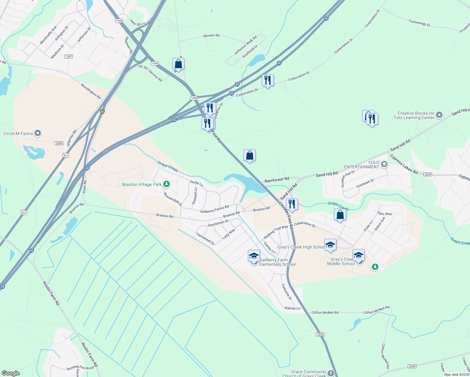 map of restaurants, bars, coffee shops, grocery stores, and more near 428 Foxwood Drive in Hope Mills