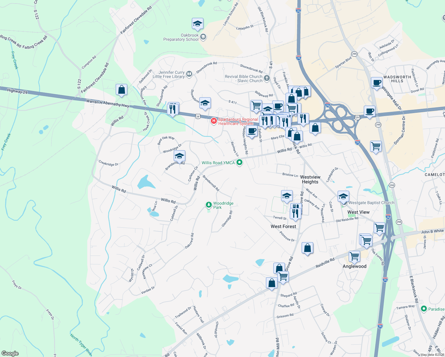 map of restaurants, bars, coffee shops, grocery stores, and more near 213 East Woodglen Road in Spartanburg