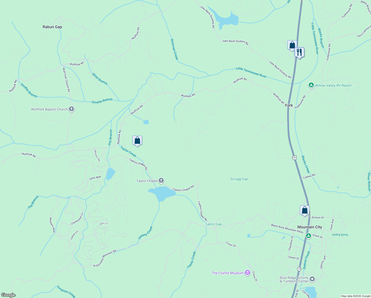 map of restaurants, bars, coffee shops, grocery stores, and more near 47 Rock Hill Lane in Rabun Gap