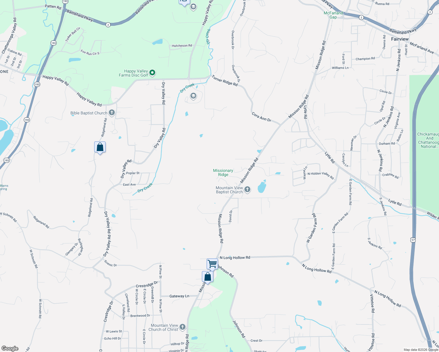 map of restaurants, bars, coffee shops, grocery stores, and more near 633 Mission Ridge Road in Rossville