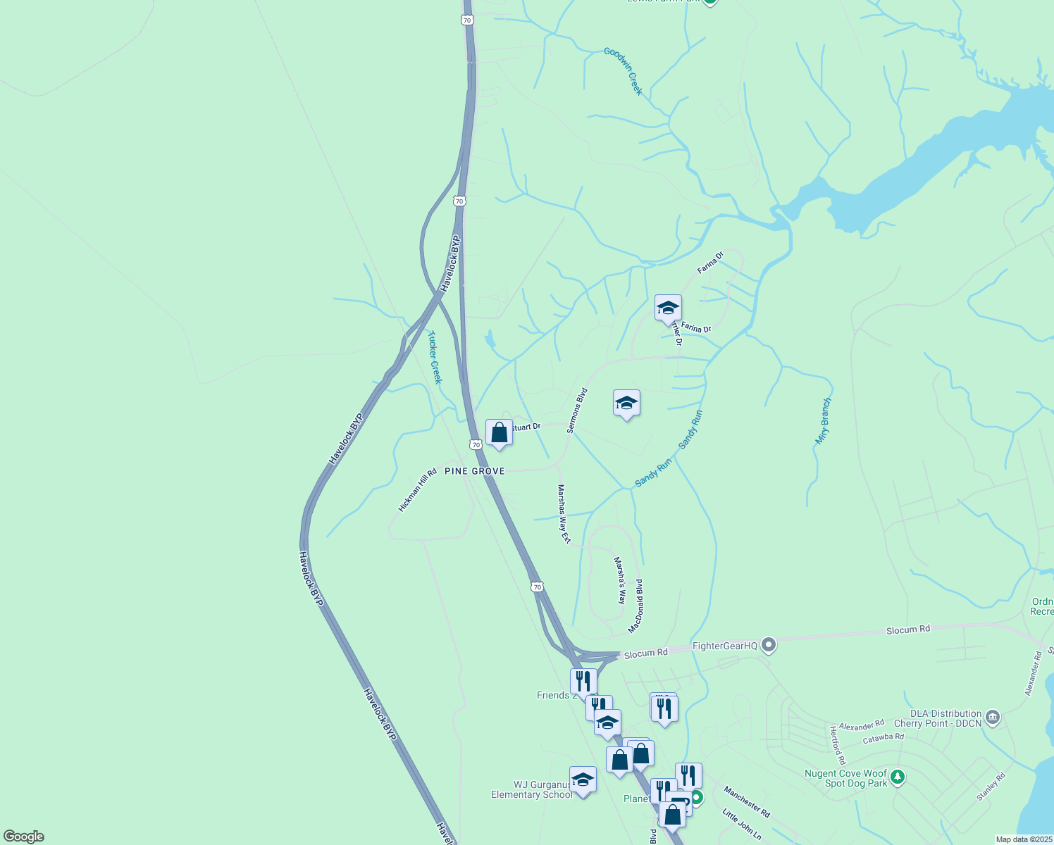 map of restaurants, bars, coffee shops, grocery stores, and more near 102 Prowler Ln in Havelock
