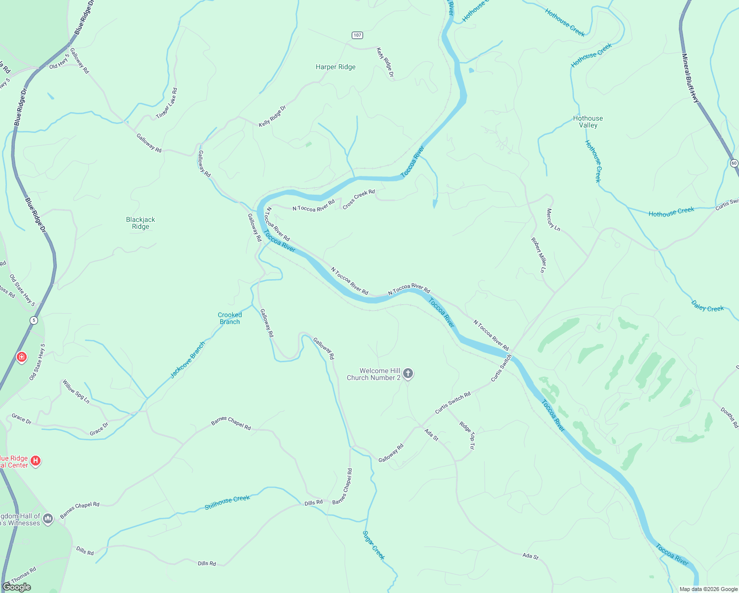 map of restaurants, bars, coffee shops, grocery stores, and more near 851 North Toccoa River Road in Mineral Bluff
