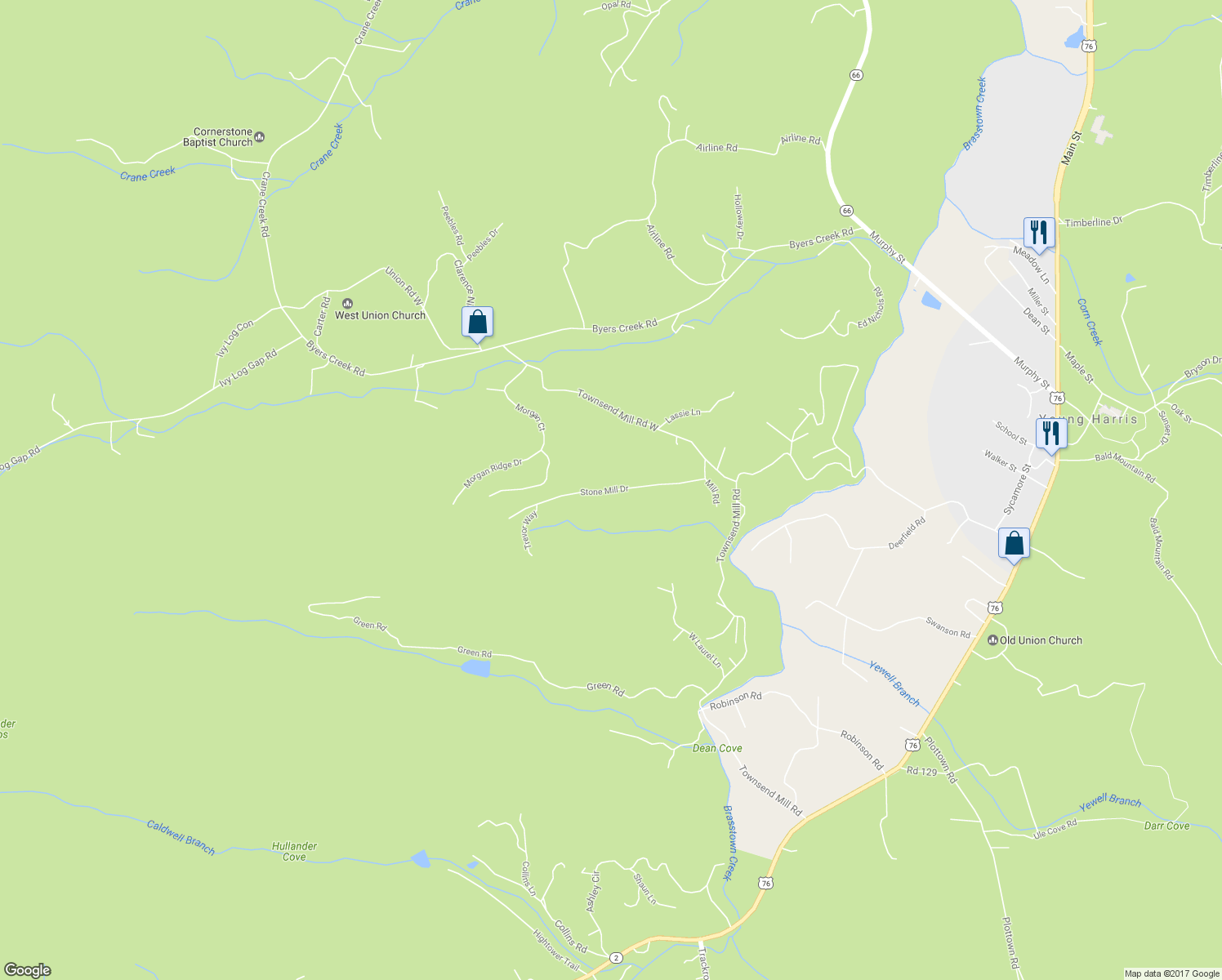map of restaurants, bars, coffee shops, grocery stores, and more near 6127 Stone Mill Drive in Young Harris