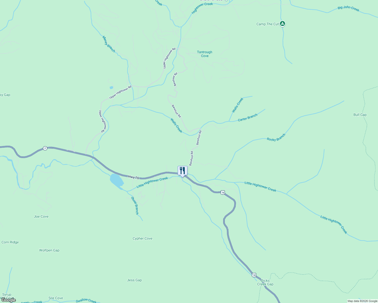 map of restaurants, bars, coffee shops, grocery stores, and more near Barefoot Road in Hiawassee