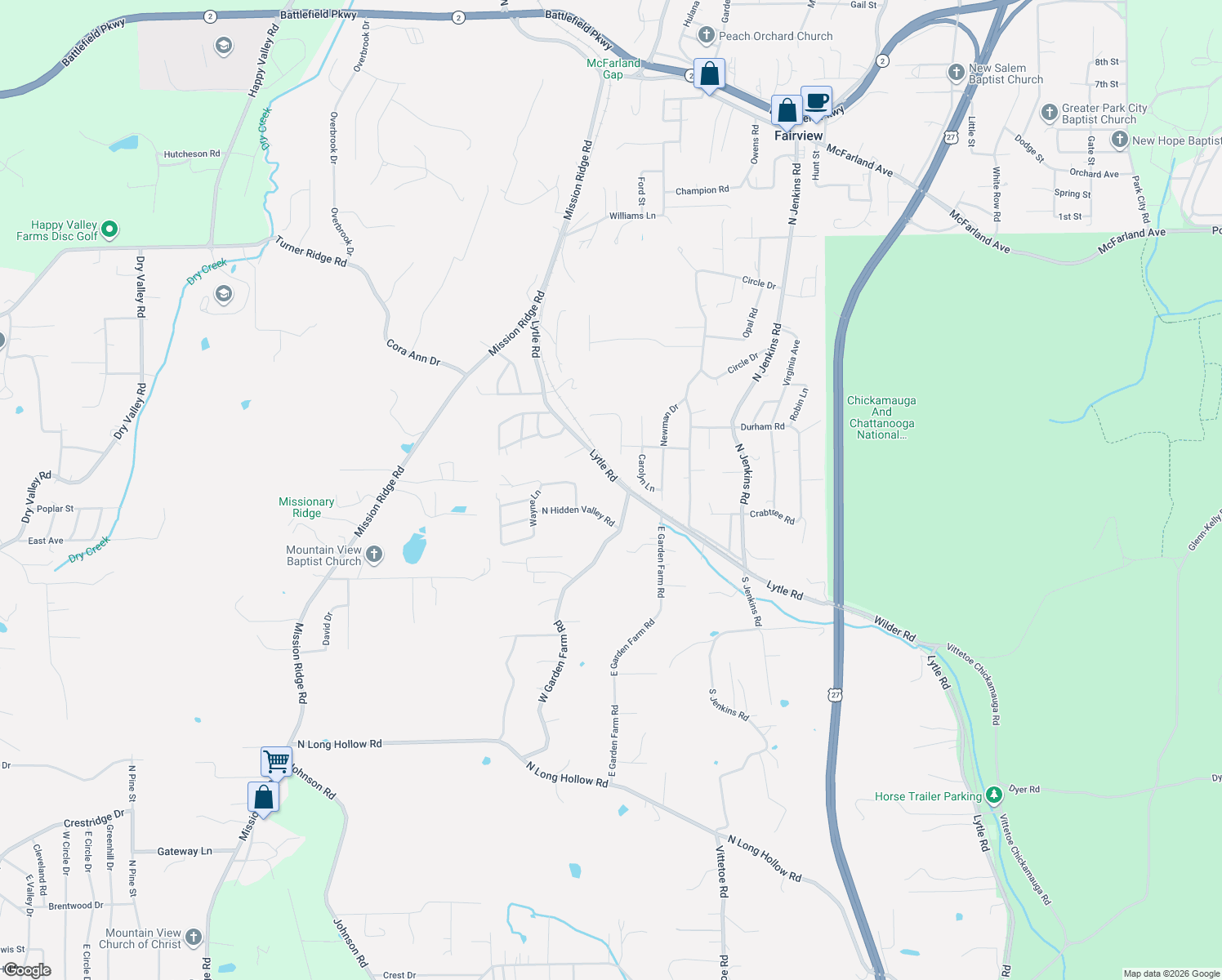 map of restaurants, bars, coffee shops, grocery stores, and more near 173 Lytle Road in Rossville