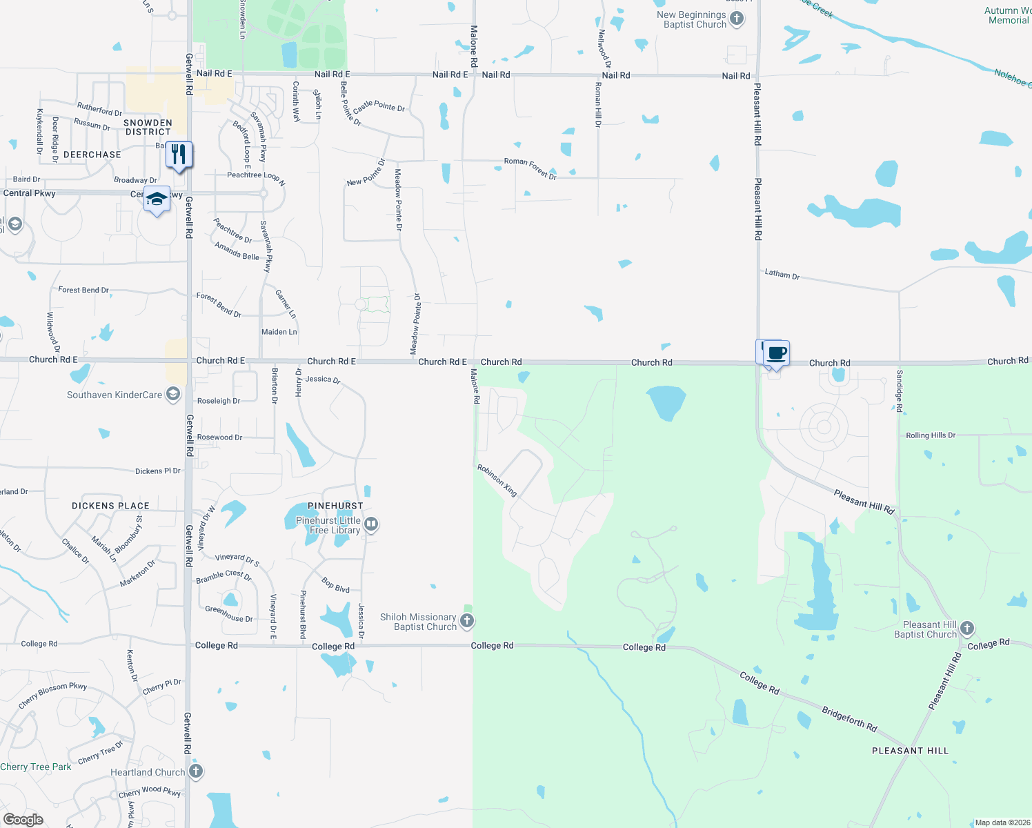 map of restaurants, bars, coffee shops, grocery stores, and more near Pinland Park in Olive Branch