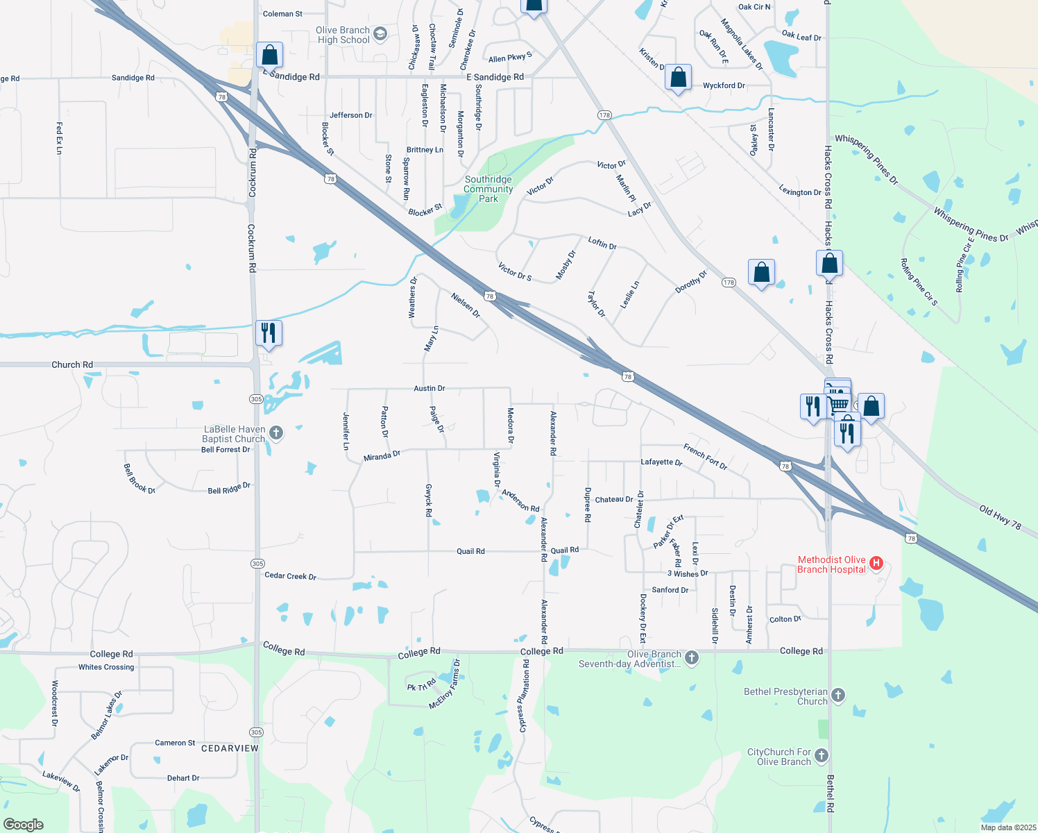 map of restaurants, bars, coffee shops, grocery stores, and more near 4806 Medora Drive in Olive Branch