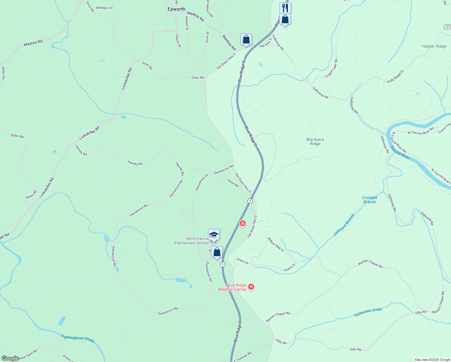 map of restaurants, bars, coffee shops, grocery stores, and more near 265 Ross Road in Blue Ridge