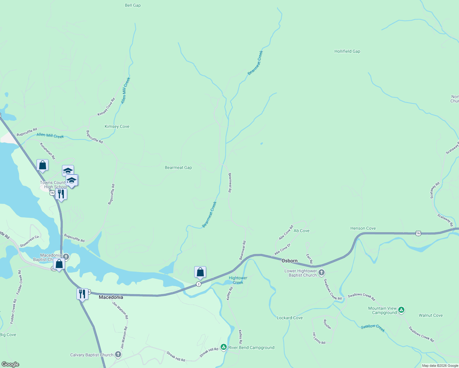 map of restaurants, bars, coffee shops, grocery stores, and more near 1157 Bearmeat Road in Hiawassee