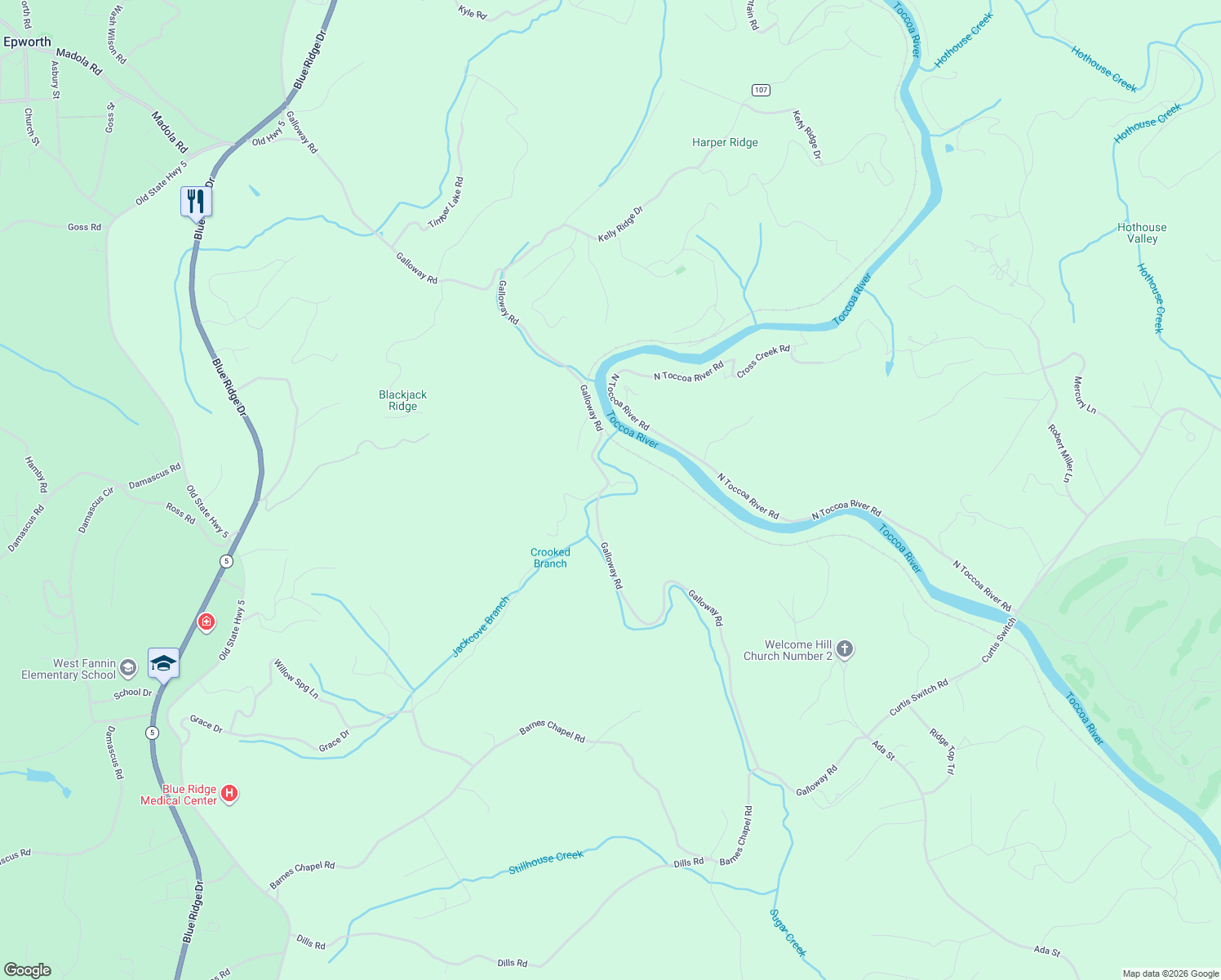 map of restaurants, bars, coffee shops, grocery stores, and more near 29 Scarlett Drive in Blue Ridge