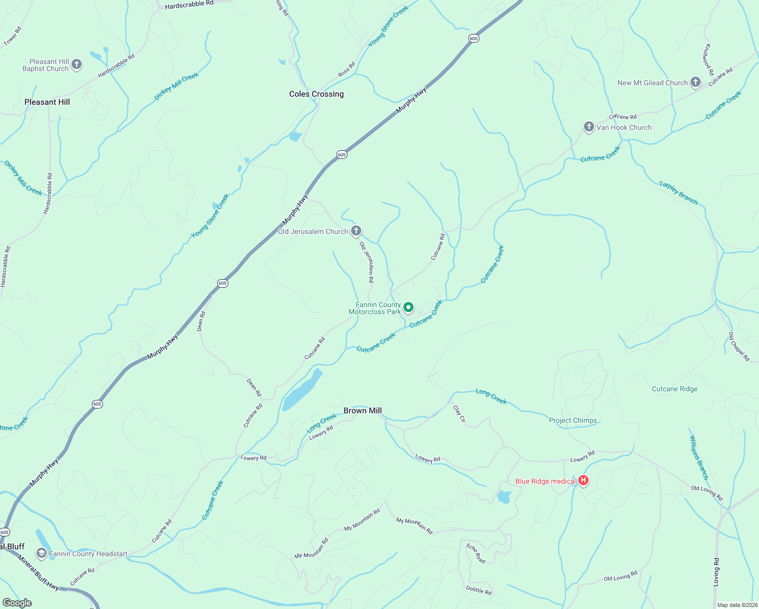 map of restaurants, bars, coffee shops, grocery stores, and more near 600 Old Jerusulem Road in Mineral Bluff