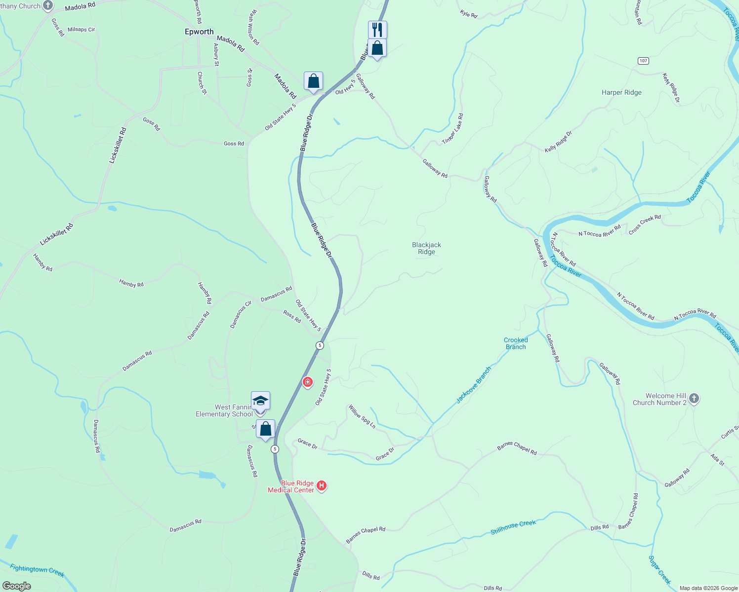 map of restaurants, bars, coffee shops, grocery stores, and more near 333 White Oak Circle in Blue Ridge