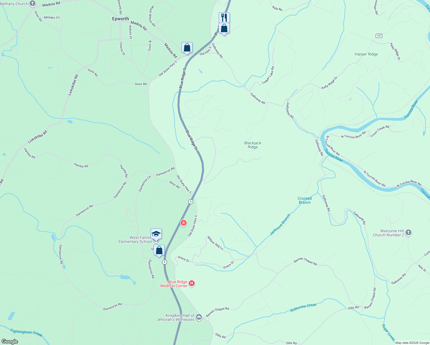 map of restaurants, bars, coffee shops, grocery stores, and more near 333 White Oak Circle in Blue Ridge