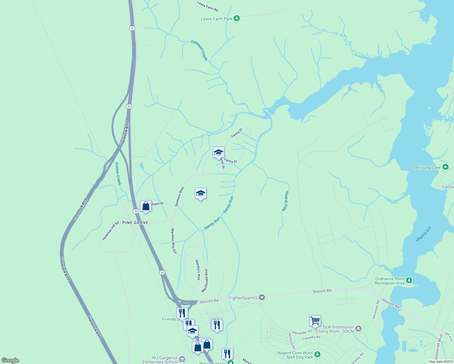 map of restaurants, bars, coffee shops, grocery stores, and more near 911 Sermons Rd in Havelock