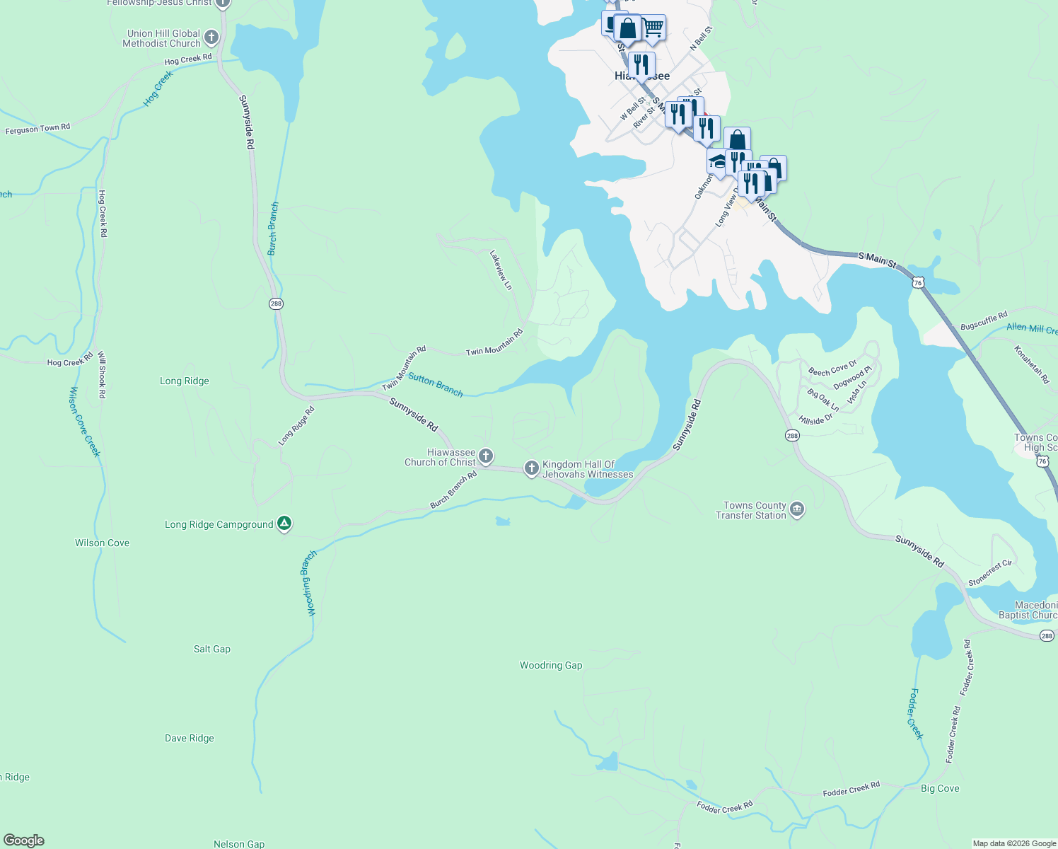 map of restaurants, bars, coffee shops, grocery stores, and more near 426 Morgan Drive in Hiawassee