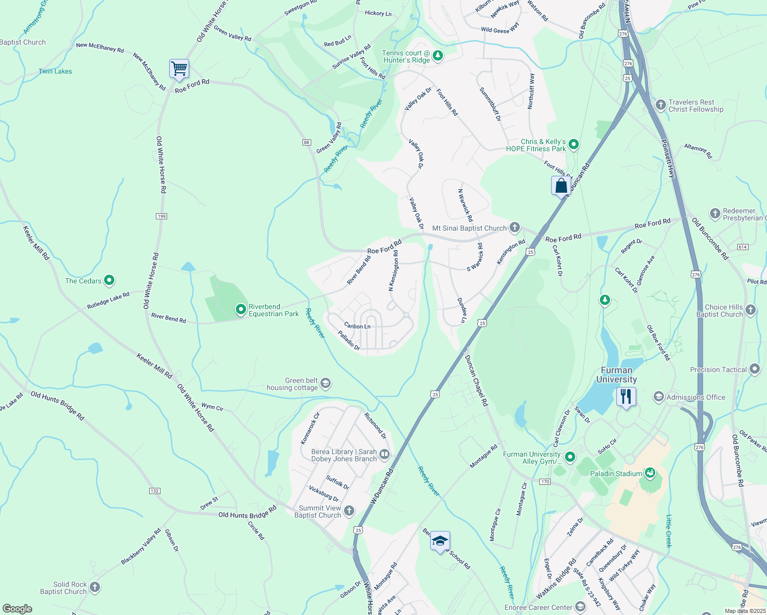 map of restaurants, bars, coffee shops, grocery stores, and more near 8 Plyler Drive in Greenville