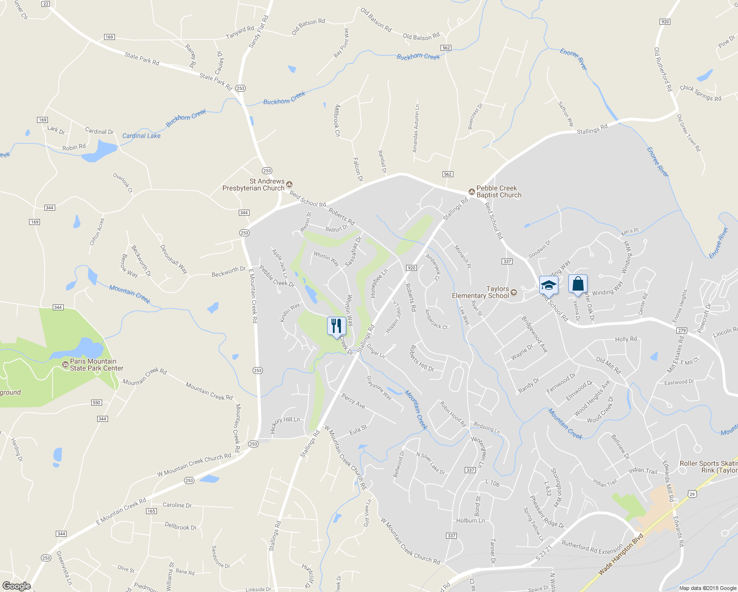 map of restaurants, bars, coffee shops, grocery stores, and more near 9 Honeybee Lane in Taylors