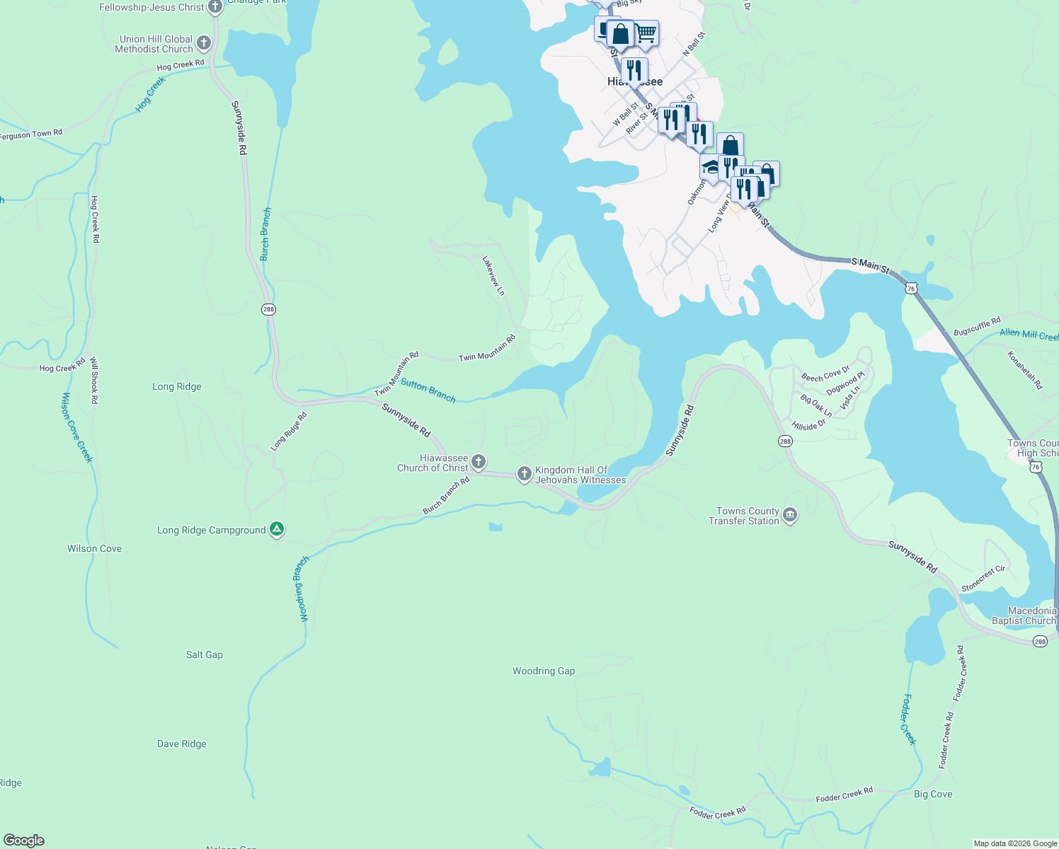 map of restaurants, bars, coffee shops, grocery stores, and more near 426 Morgan Drive in Hiawassee