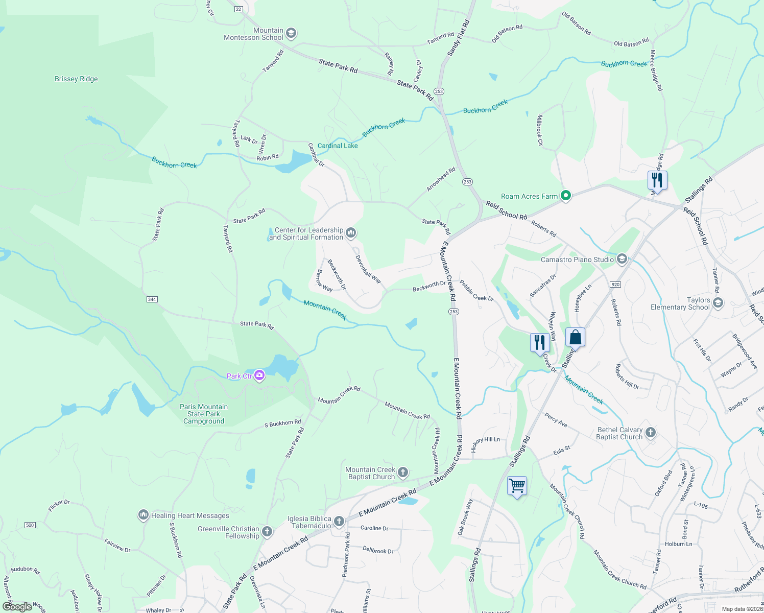 map of restaurants, bars, coffee shops, grocery stores, and more near 107 Beckworth Drive in Taylors