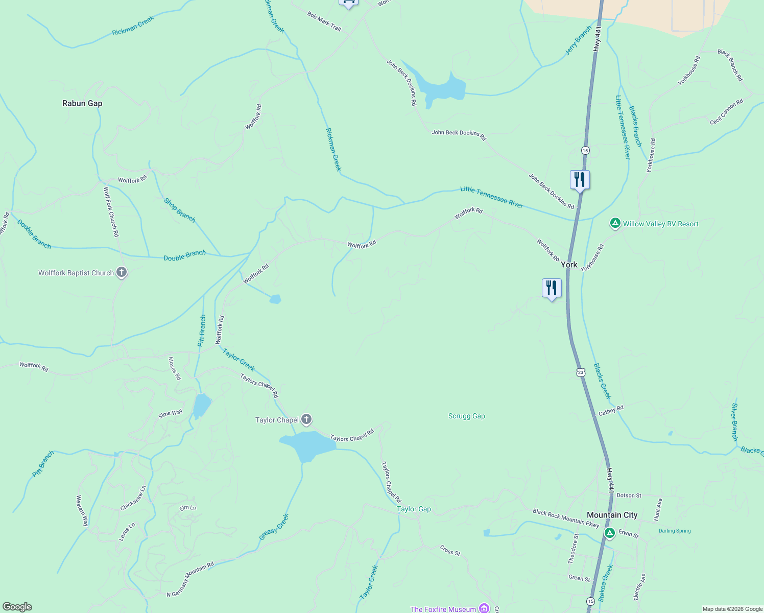 map of restaurants, bars, coffee shops, grocery stores, and more near 45 Hawkeye Trail in Rabun Gap