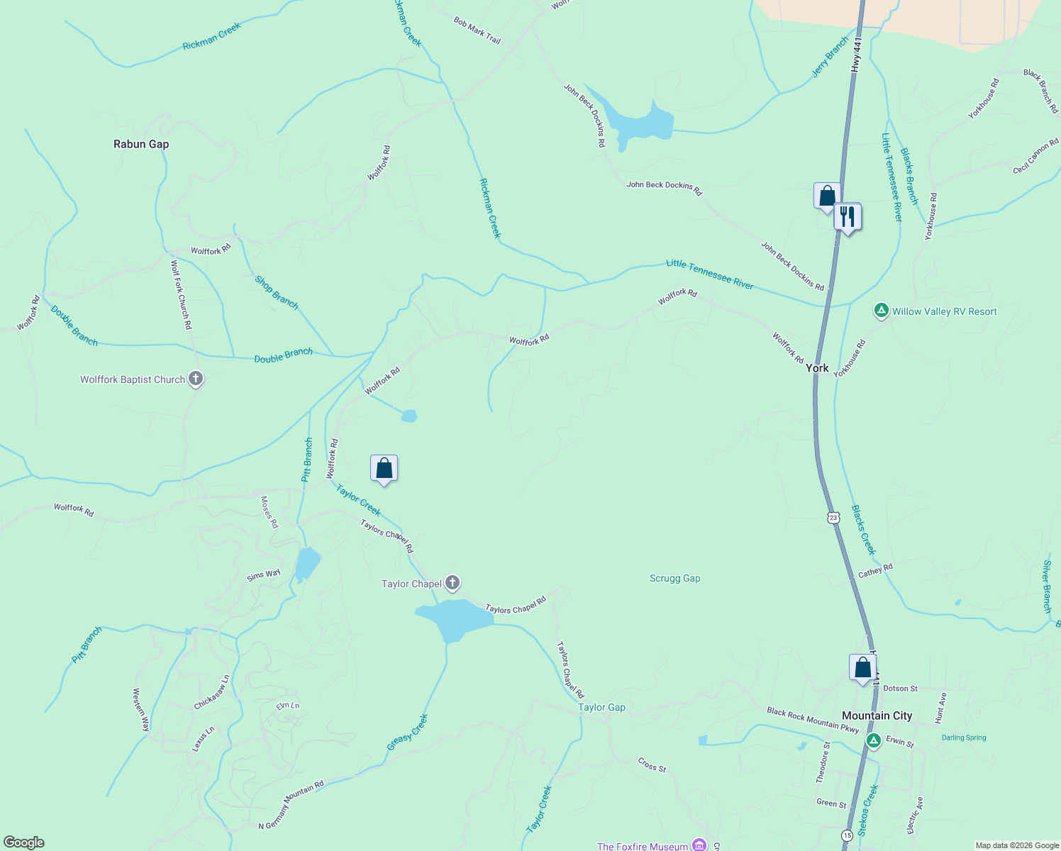 map of restaurants, bars, coffee shops, grocery stores, and more near 45 Hawkeye Trail in Rabun Gap