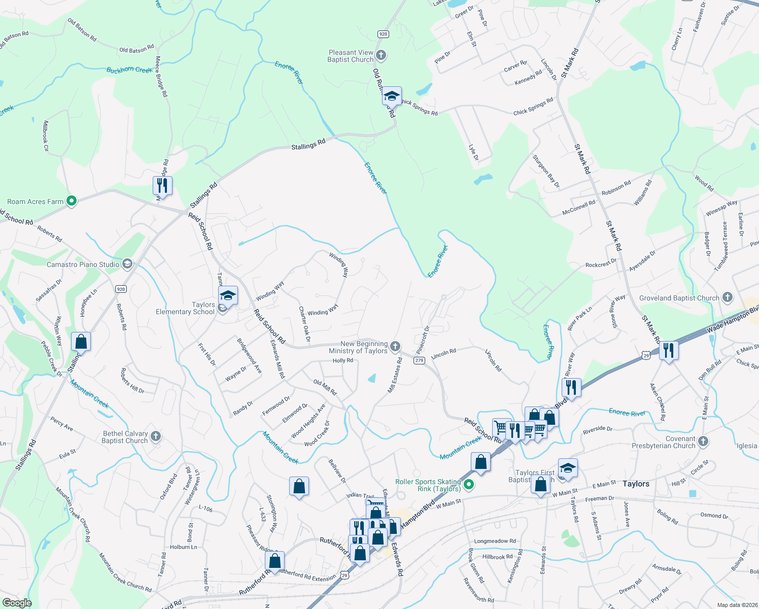 map of restaurants, bars, coffee shops, grocery stores, and more near 1 Echo Valley Drive in Taylors