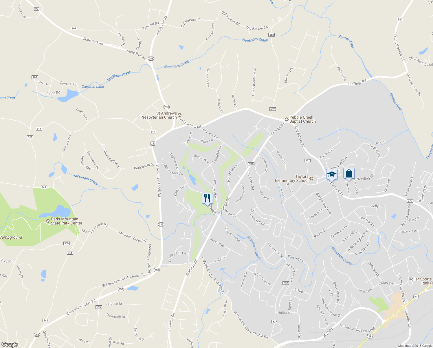 map of restaurants, bars, coffee shops, grocery stores, and more near 108 Whittlin Way in Taylors