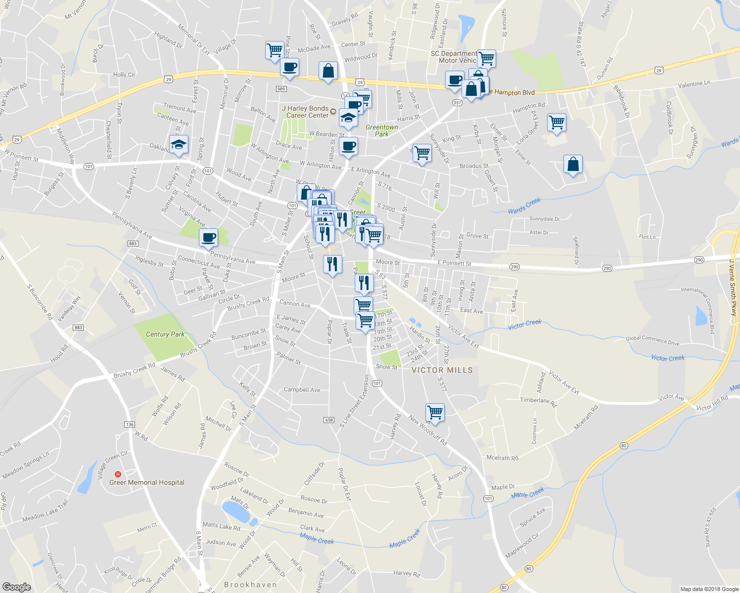 map of restaurants, bars, coffee shops, grocery stores, and more near 14th Street in Greer