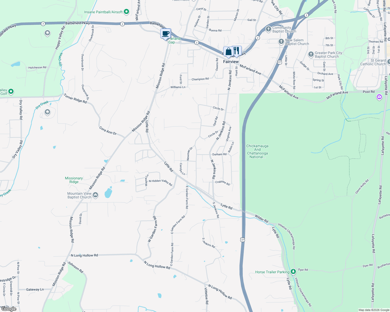 map of restaurants, bars, coffee shops, grocery stores, and more near 9 Travis Road in Rossville