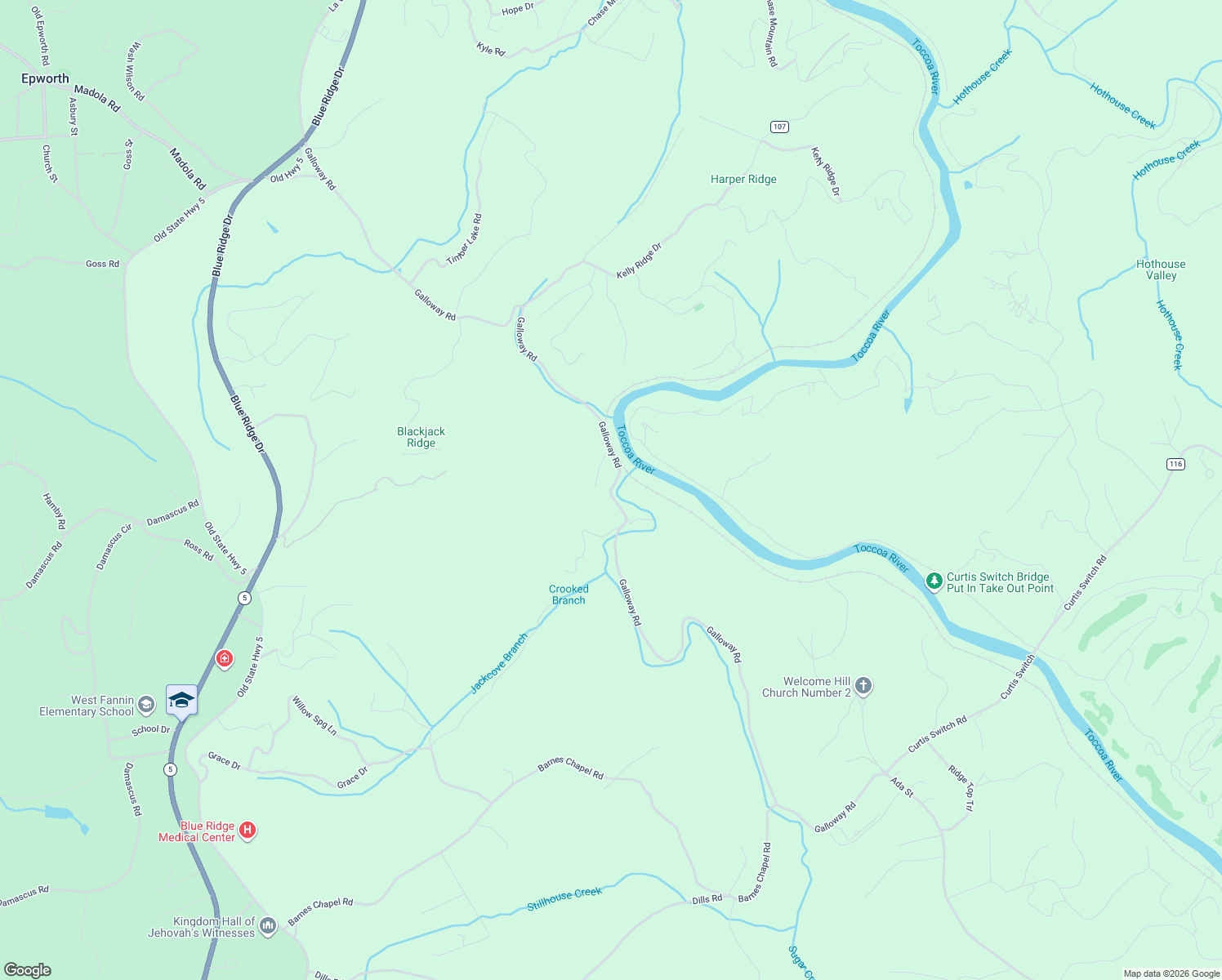 map of restaurants, bars, coffee shops, grocery stores, and more near 1494 Galloway Road in Blue Ridge