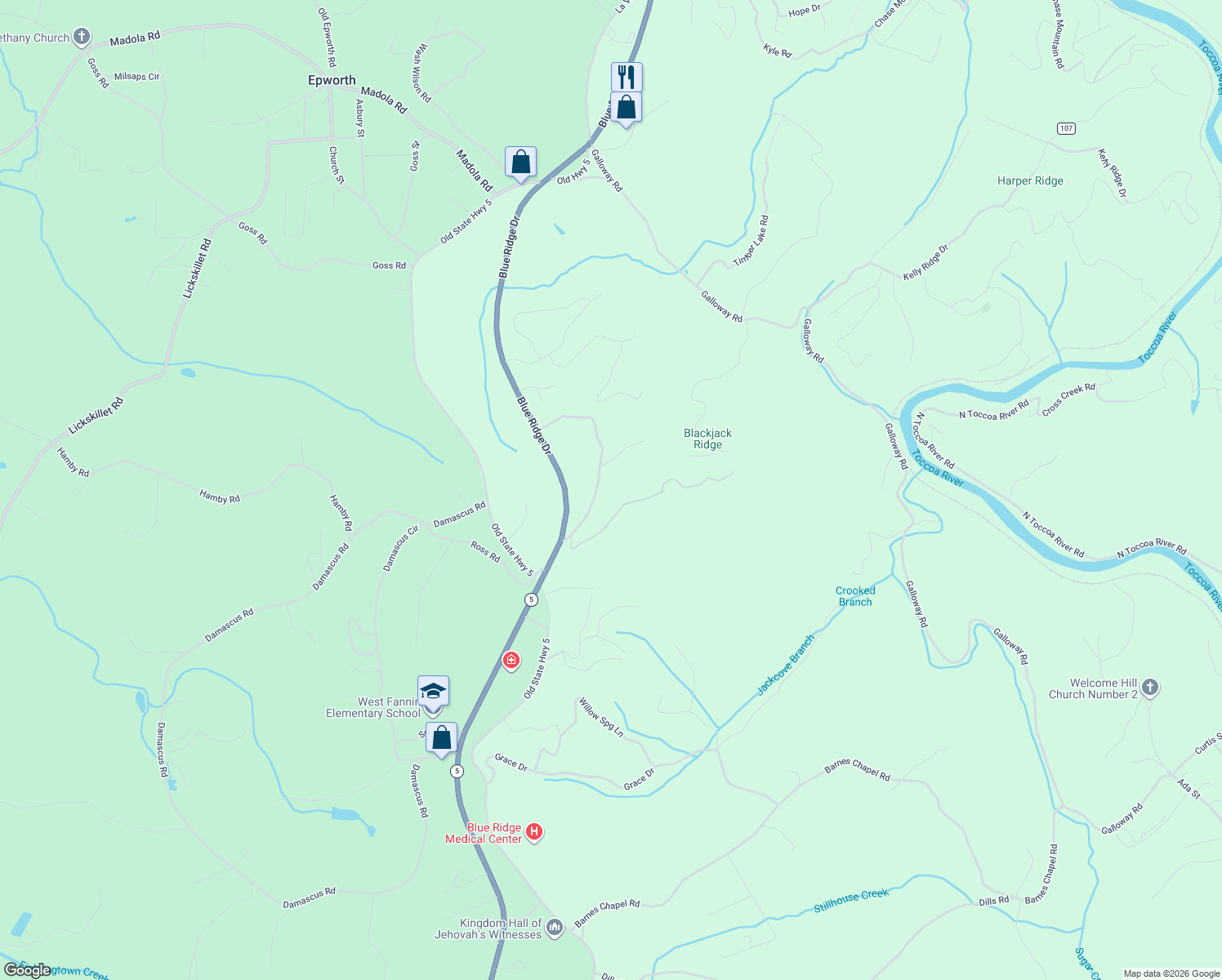 map of restaurants, bars, coffee shops, grocery stores, and more near 333 White Oak Circle in Blue Ridge