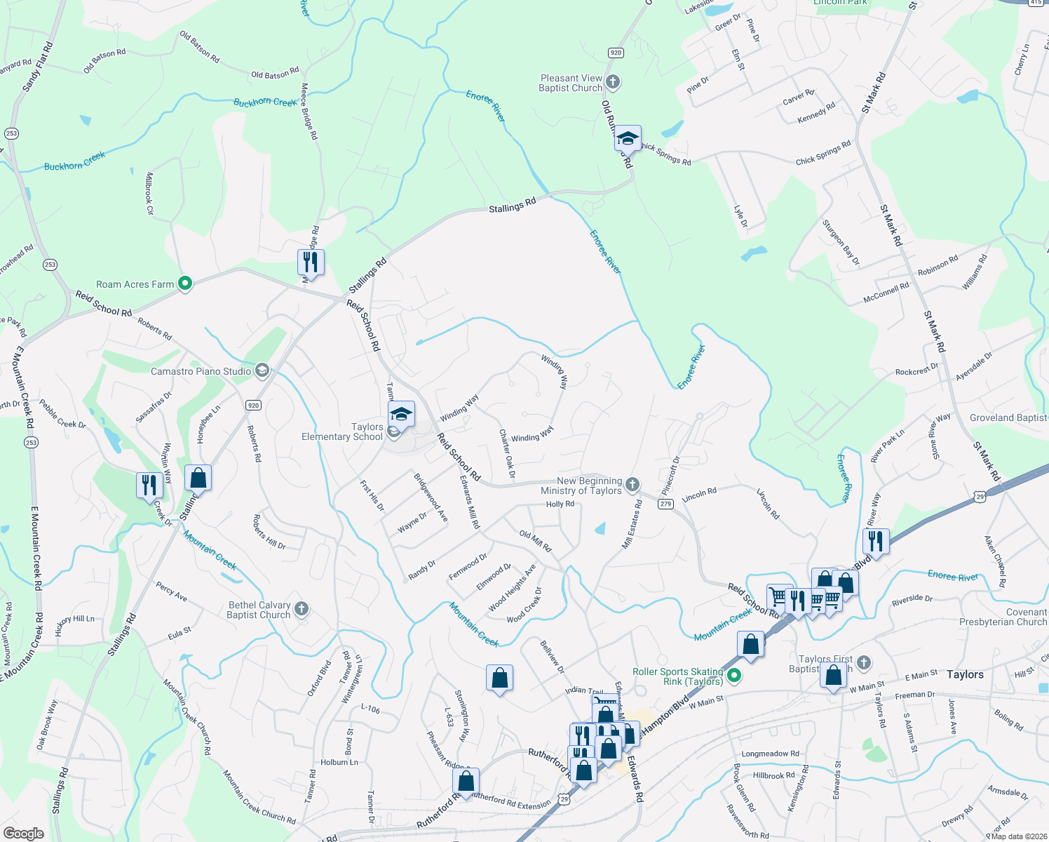 map of restaurants, bars, coffee shops, grocery stores, and more near 1012 Fox Row in Taylors