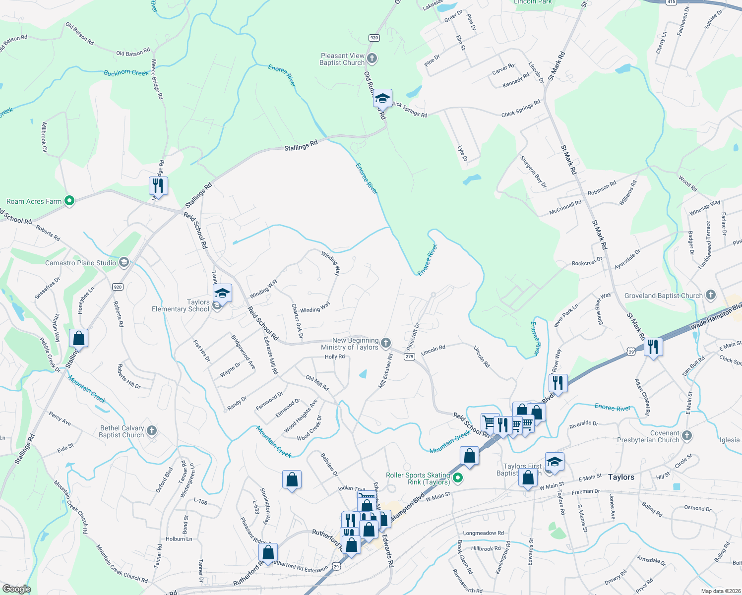 map of restaurants, bars, coffee shops, grocery stores, and more near 1 Echo Valley Drive in Taylors